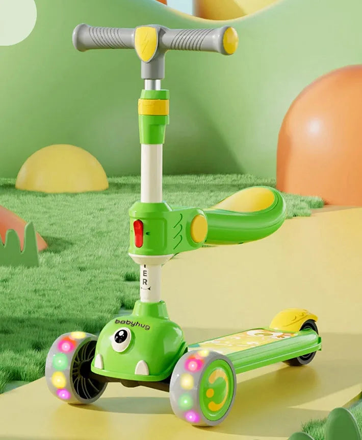 Babyhug Leo 3 Wheel Kids Kick Scooter with Foldable Seat with LED Wheels & Wide Deck with 3 Level | Lean-to-Steer| Toy for 3 to 12 year Boys and Girls| Gifting Option