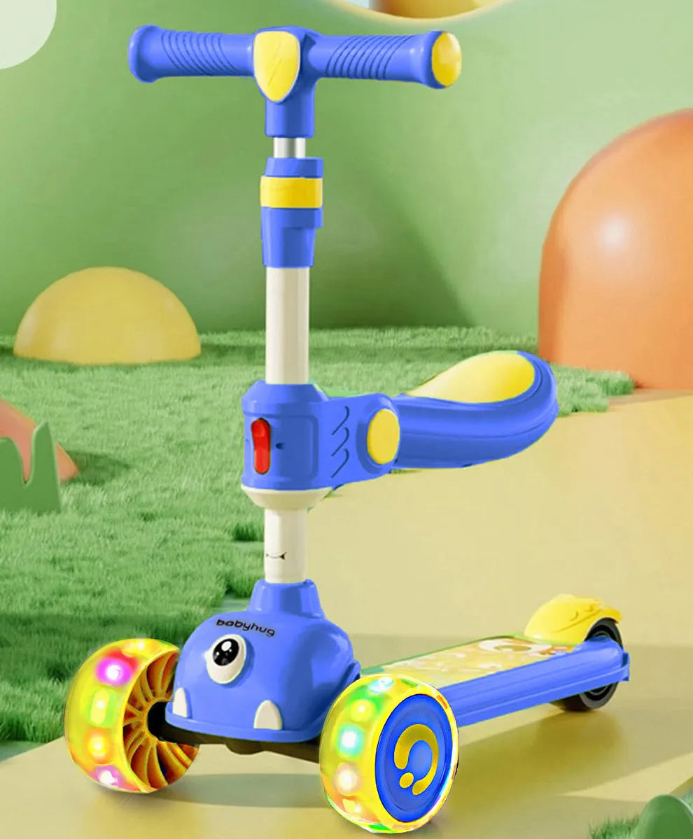 Babyhug Leo 3 Wheel Kids Kick Scooter with Foldable Seat with LED Wheels & Wide Deck with 3 Level | Lean-to-Steer| Toy for 3 to 12 year Boys and Girls| Gifting Option